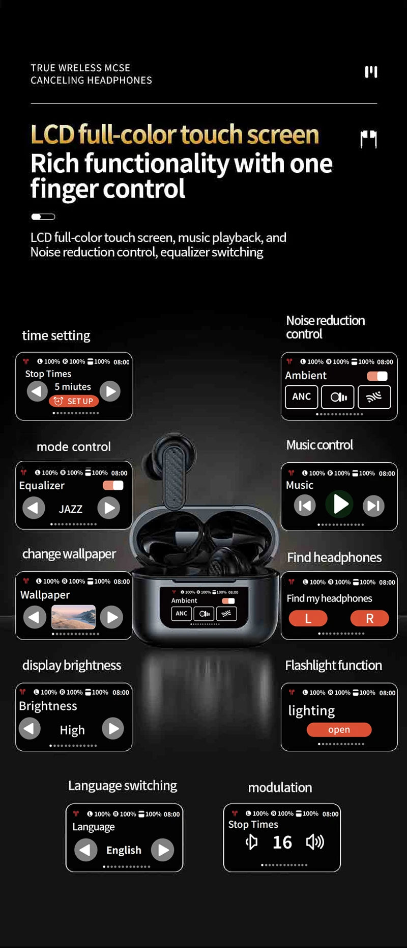 Wireless Headphone Earphones LED Touch Screen Visible Active Noise Cancellation music Headset Sport Earbuds With Microphone