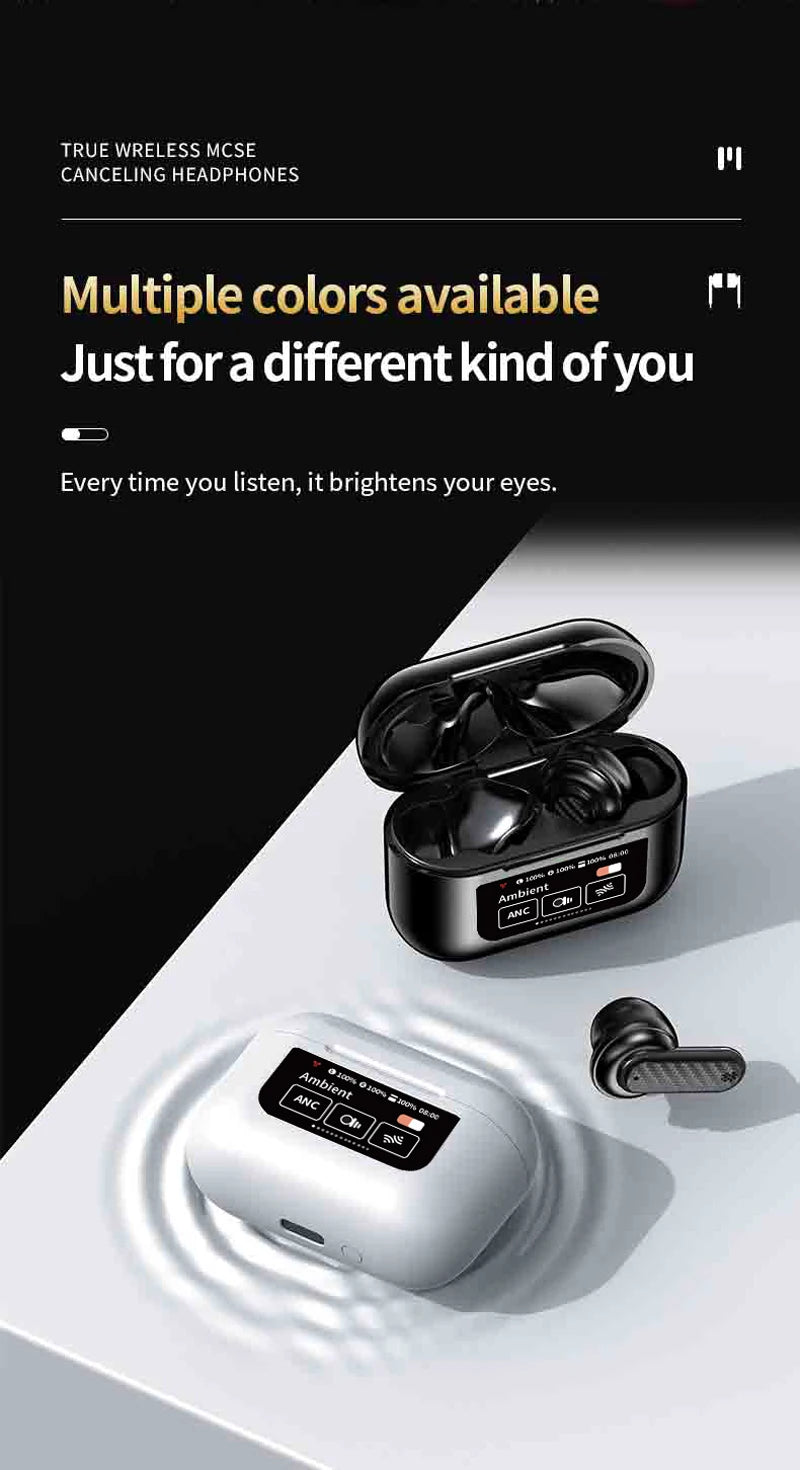 Wireless Headphone Earphones LED Touch Screen Visible Active Noise Cancellation music Headset Sport Earbuds With Microphone