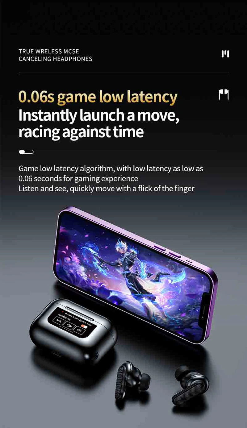 Wireless Headphone Earphones LED Touch Screen Visible Active Noise Cancellation music Headset Sport Earbuds With Microphone