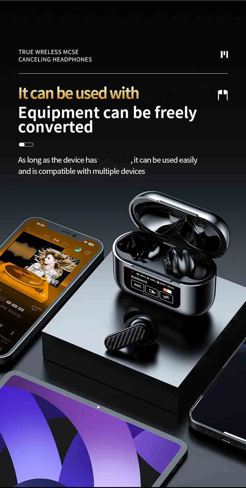 Wireless Headphone Earphones LED Touch Screen Visible Active Noise Cancellation music Headset Sport Earbuds With Microphone