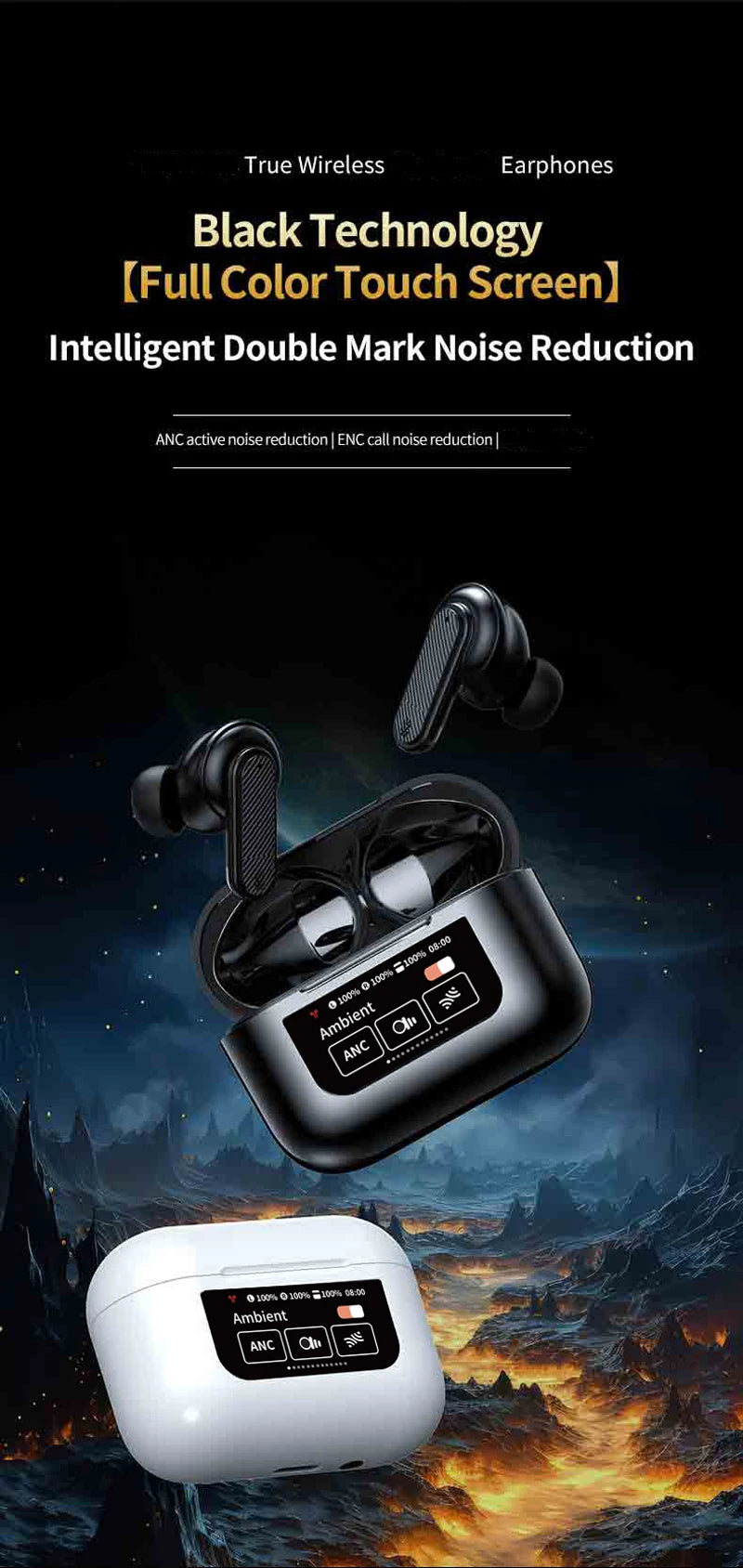 Wireless Headphone Earphones LED Touch Screen Visible Active Noise Cancellation music Headset Sport Earbuds With Microphone
